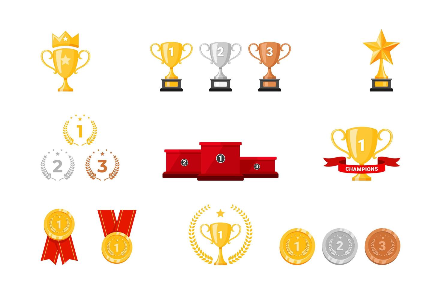conjunto de elementos de premiação e conquista do vencedor. taça de troféu, pódio de palco e design de medalhas. vetor