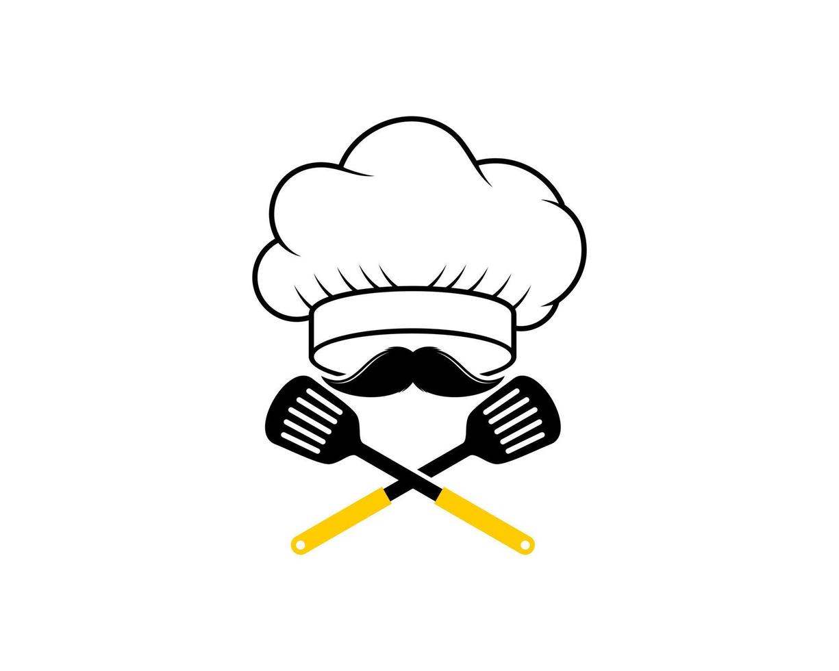 chapéu de chef com espátula cruzada e bigode vetor