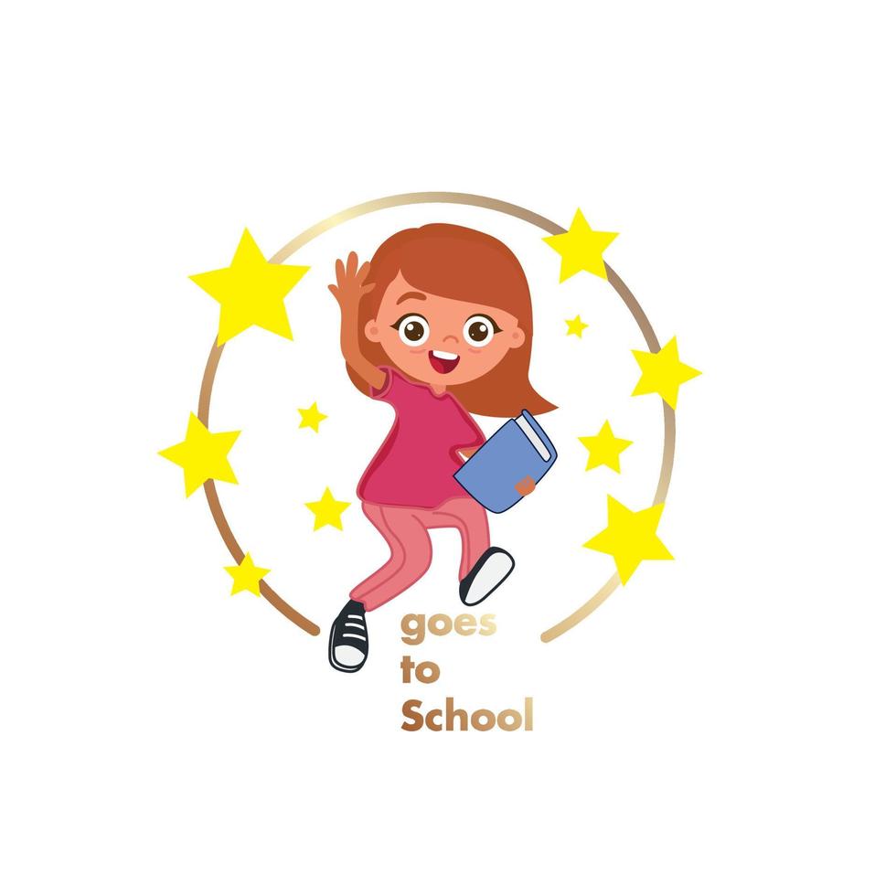 vai para a escola logo ícone com garota e ilustração do livro vetor