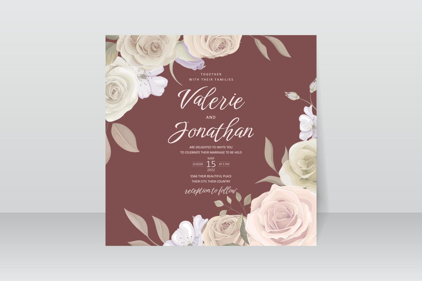 modelo de convite de casamento com decoração floral e de folhas vetor