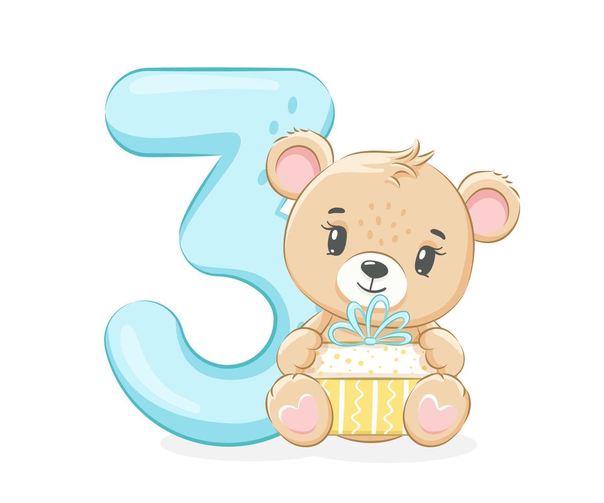 ilustração dos desenhos animados - feliz aniversário, 3 anos, lindo bebê urso. ilustração vetorial. vetor