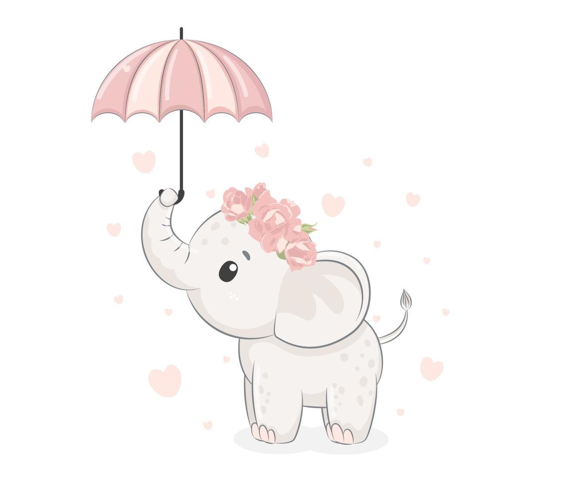 garota elefante fofo com um guarda-chuva. ilustração em vetor de um desenho animado.