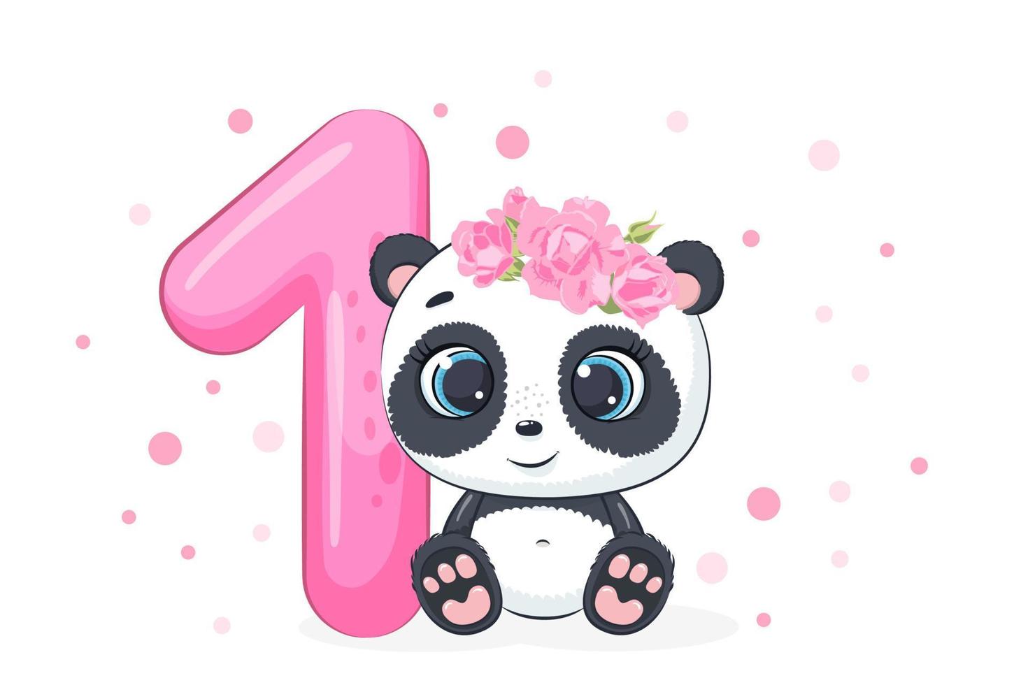ilustração dos desenhos animados - feliz aniversário, 1 ano, linda garota panda. ilustração vetorial. vetor