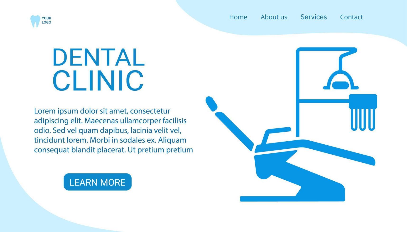 Clinica odontológica. modelo de página de destino de site de odontologia, cartaz, folheto. banner de clínica dentária com cadeira odontológica. plano de fundo para apresentação. ilustração em vetor plana isolada azul sobre fundo branco.