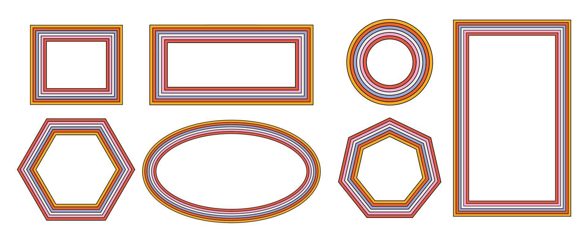 conjunto de armações de arco-íris no estilo hippie dos anos 1970. padrões retro vintage anos 70 groove. coleção de moldura redonda, estrela, losango e quadrado. ilustração vetorial design isolado. vetor