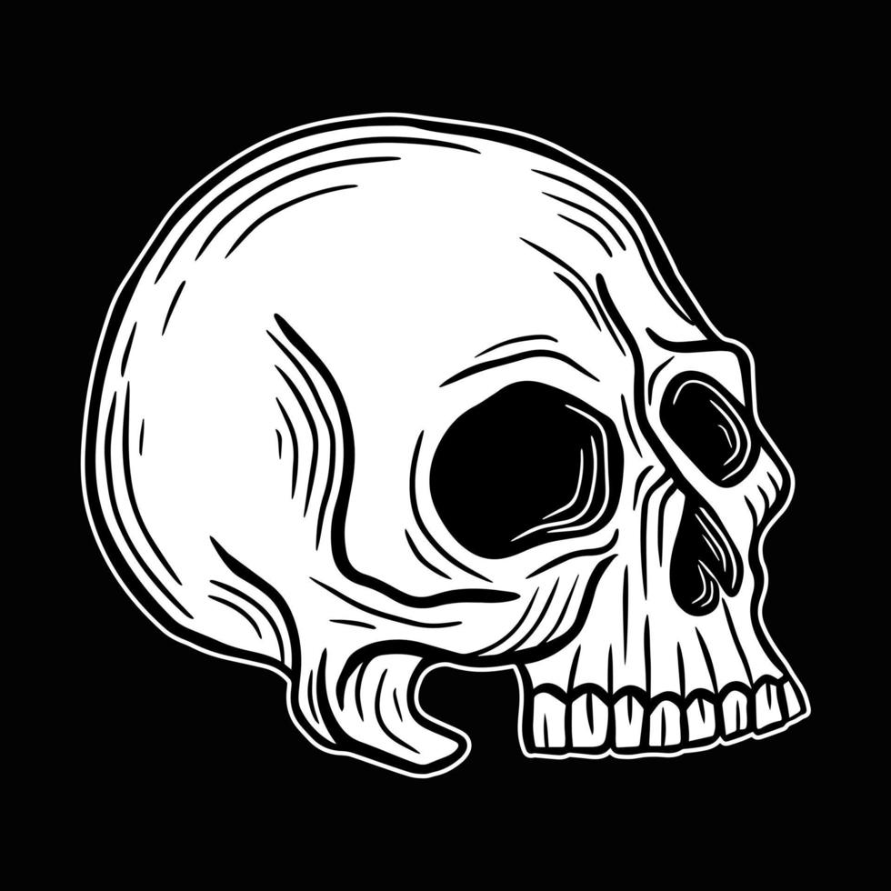 crânio cabeça mão desenhada ossos preto branco escuro elemento de design de arte para etiqueta, pôster, ilustração de camiseta vetor