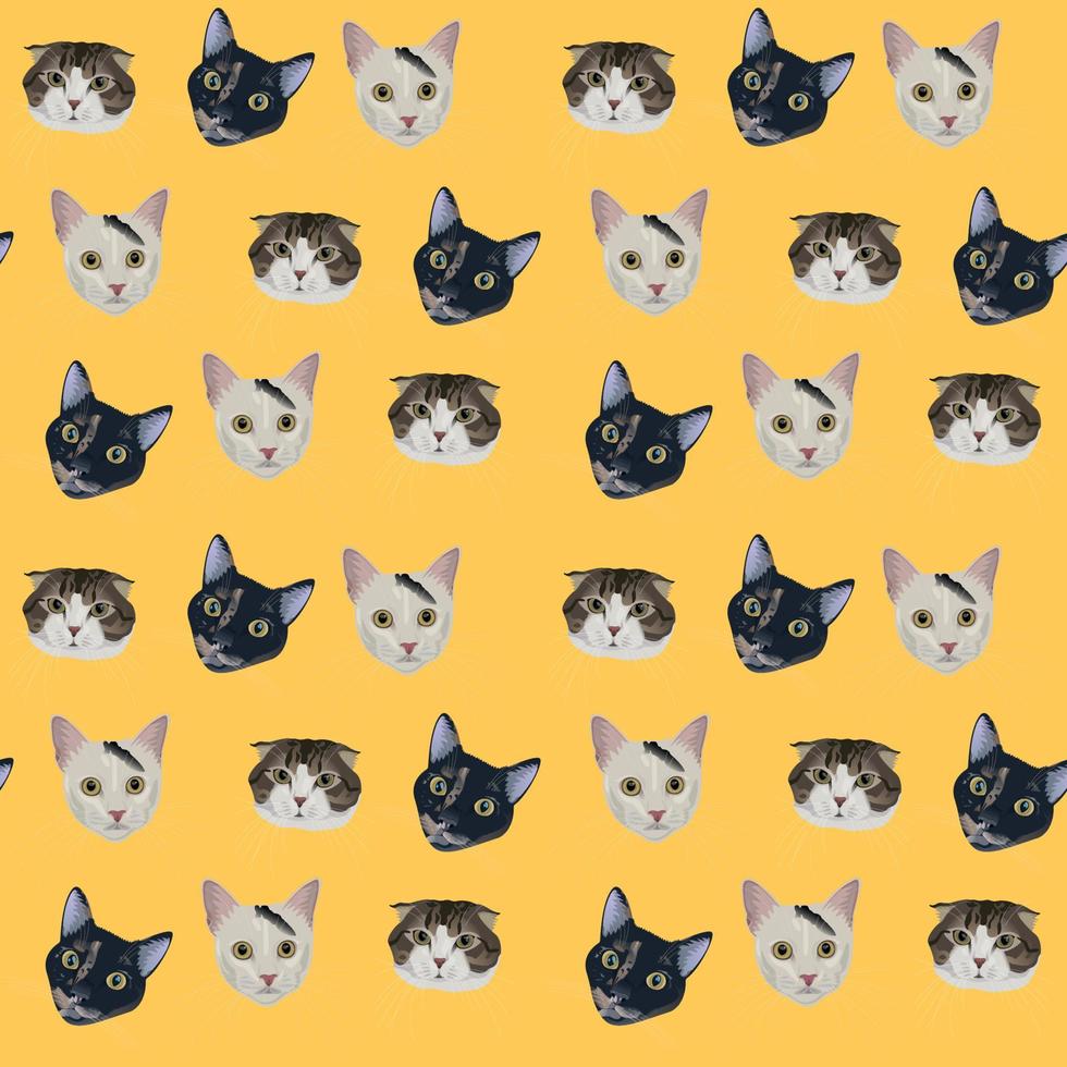 retratos de gatos bonitos de diferentes cores e raças em fundo amarelo. vetor desenhado à mão realista padrão sem emenda. gráficos para amantes de gatos