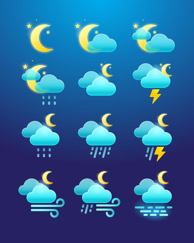 conjunto de ícones de clima de vetor noturno com ilustração de nuvem e lua