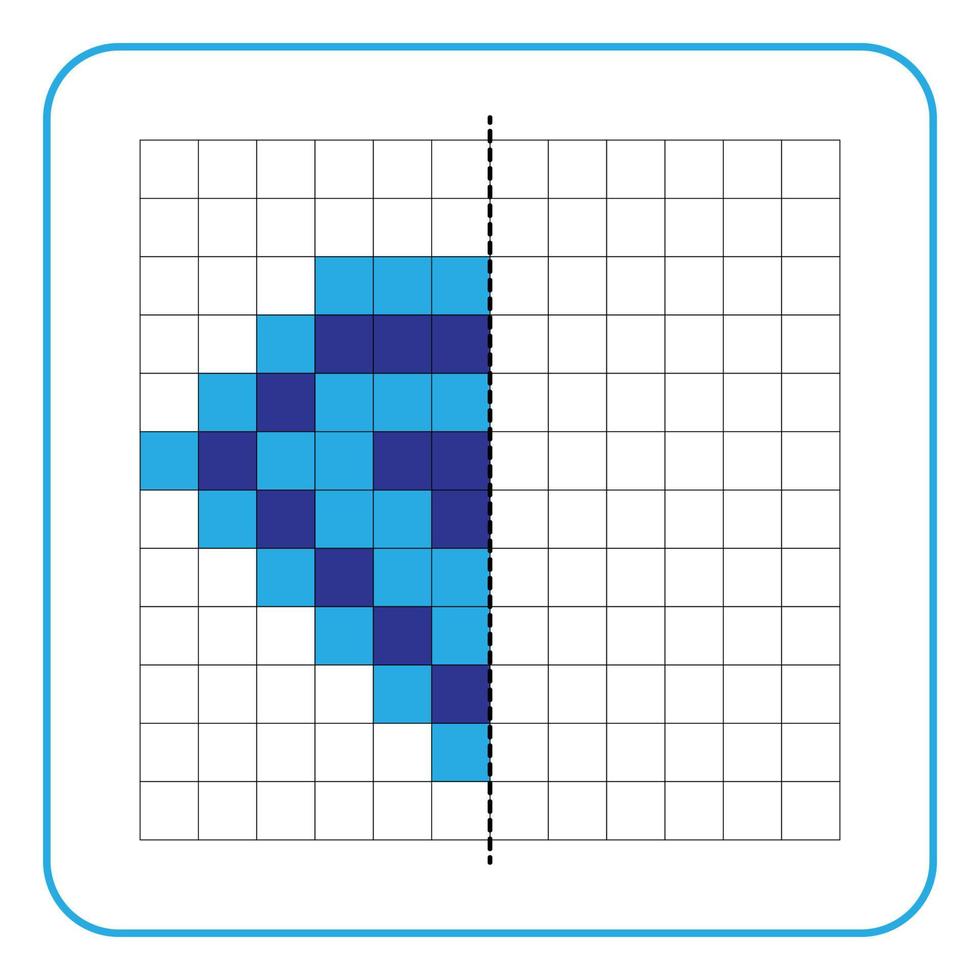 jogo educacional de reflexão de imagens para crianças. aprenda a preencher planilhas de simetria para atividades pré-escolares. colorir páginas de grade, percepção visual e pixel art. termine a forma de diamante. vetor