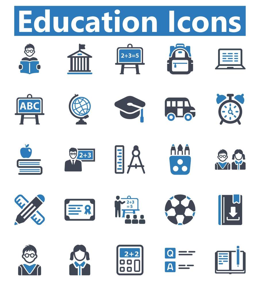 conjunto de ícones de educação - ilustração vetorial. educação, aprendizagem, aluno, alunos, graduação, universidade, escola, professor, professor, sala de aula, elearning, ícones. vetor