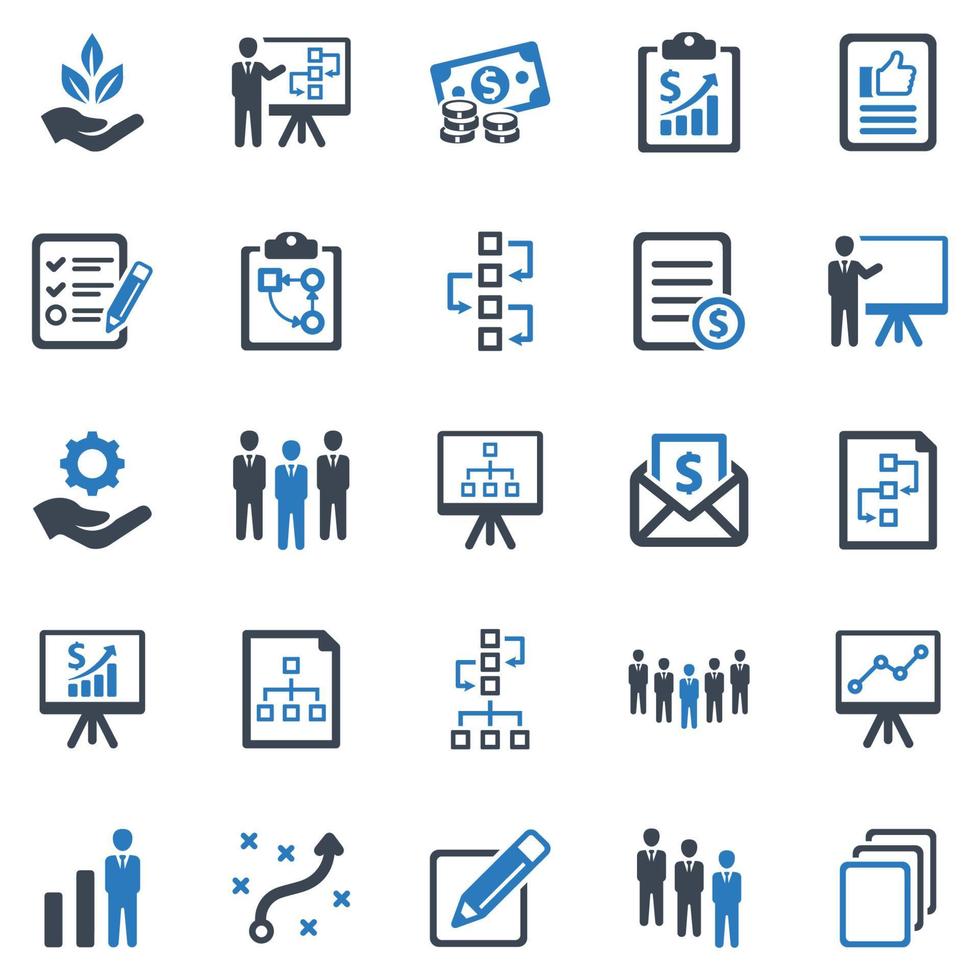 conjunto de ícones de planejamento de negócios - ilustração vetorial. negócios, planejamento, estratégia, gestão, grupo, equipe, pessoas, gerente, escritório, trabalho em equipe, projeto, ícones. vetor