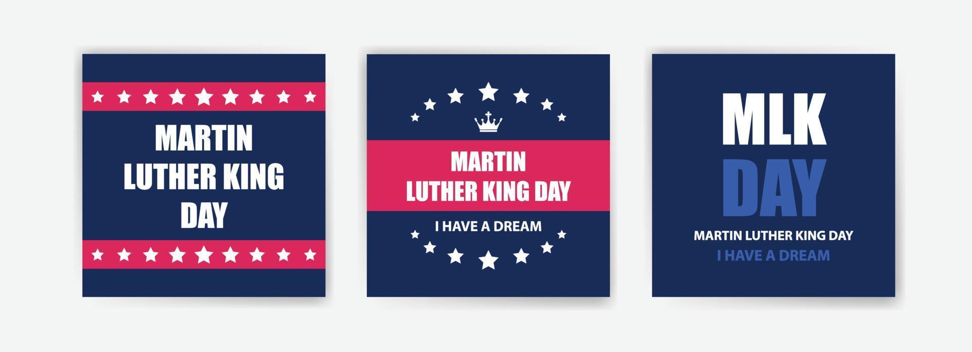 o dia de martin luther king comemora os cartões com a bandeira nacional dos Estados Unidos. vetores para cartões, banners e cartazes.