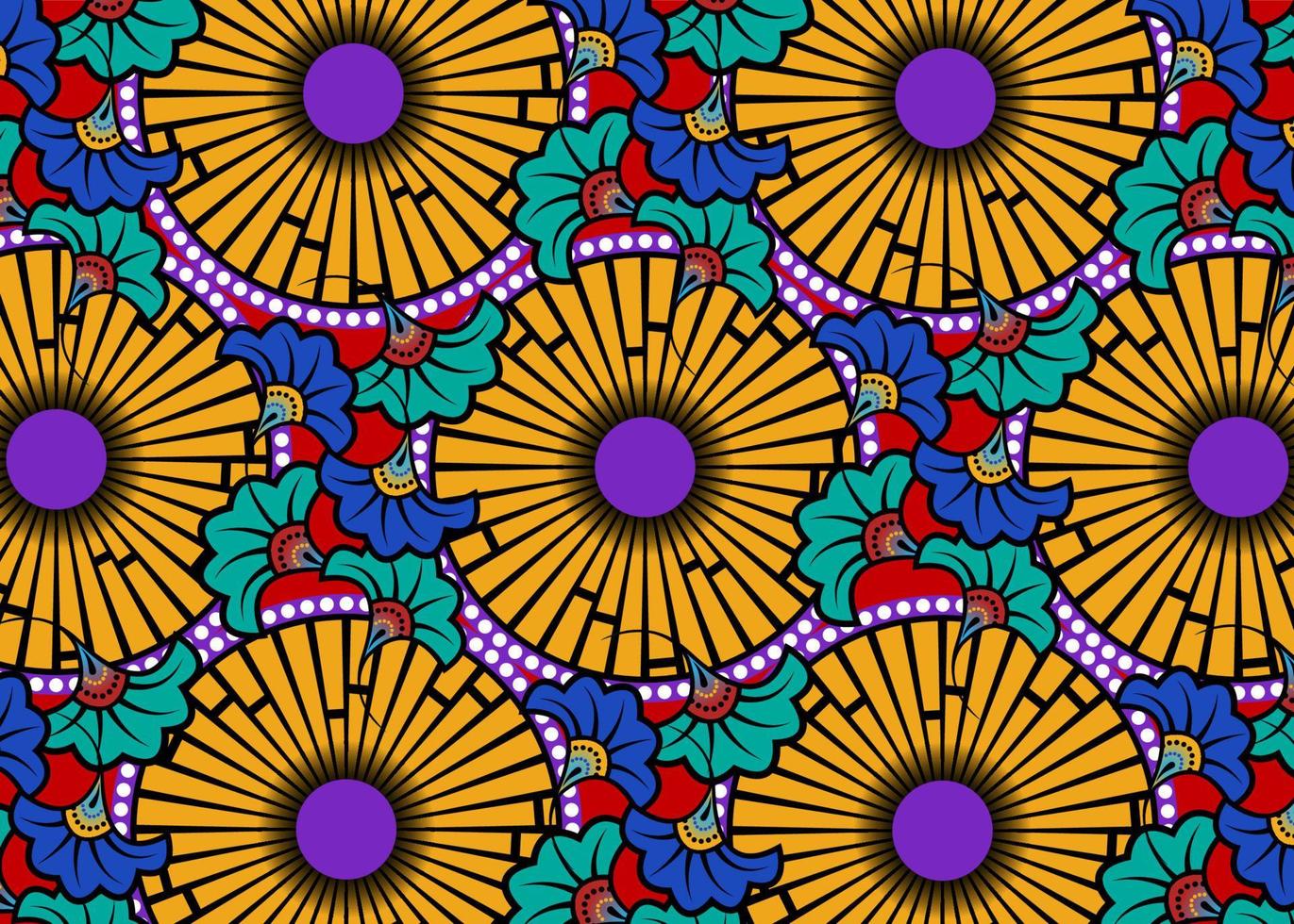 tecido de impressão de cera africano, ornamento étnico artesanal para seu projeto, flores étnicas afro e elementos geométricos de motivos tribais. textura colorida de vetor, áfrica têxtil ancara, estilo de fundo de moda vetor