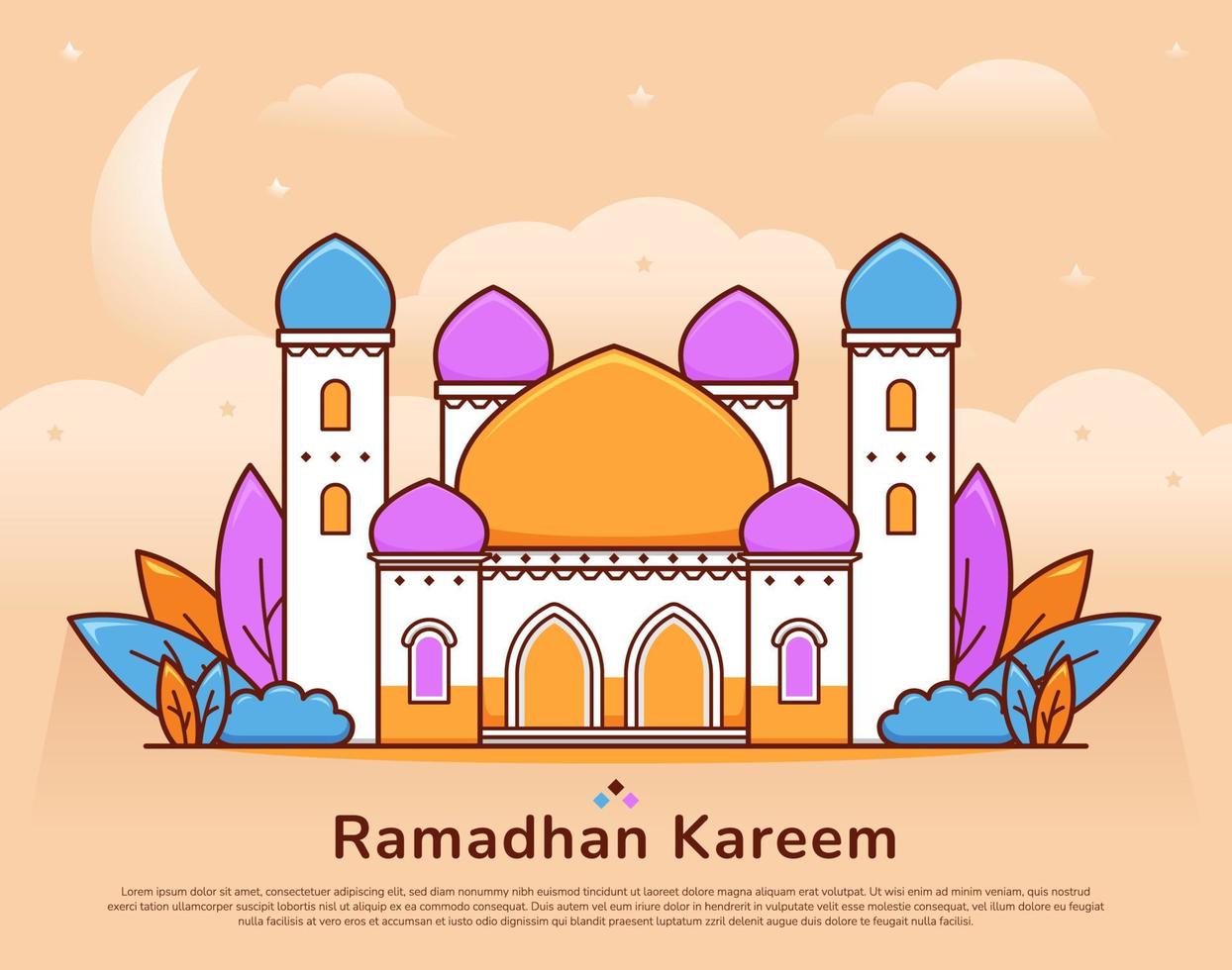 Ilustração de uma mesquita grande colorida fofa para o fundo de saudação do ramadan mubarak kareem vetor