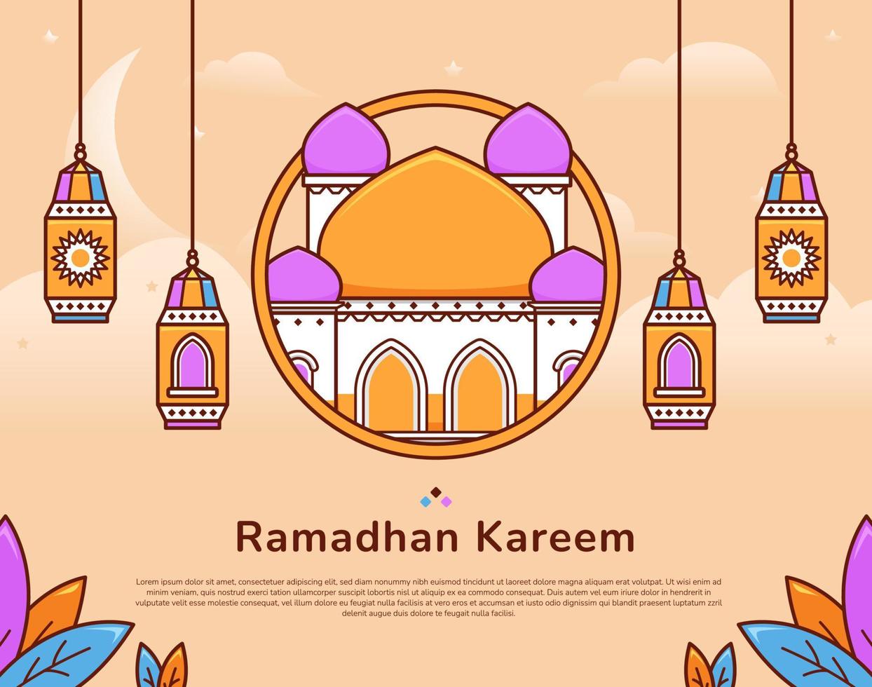 Ilustração vetorial de saudação festiva colorida ramadan kareem com mesquita e lanterna islâmica islâmica vetor