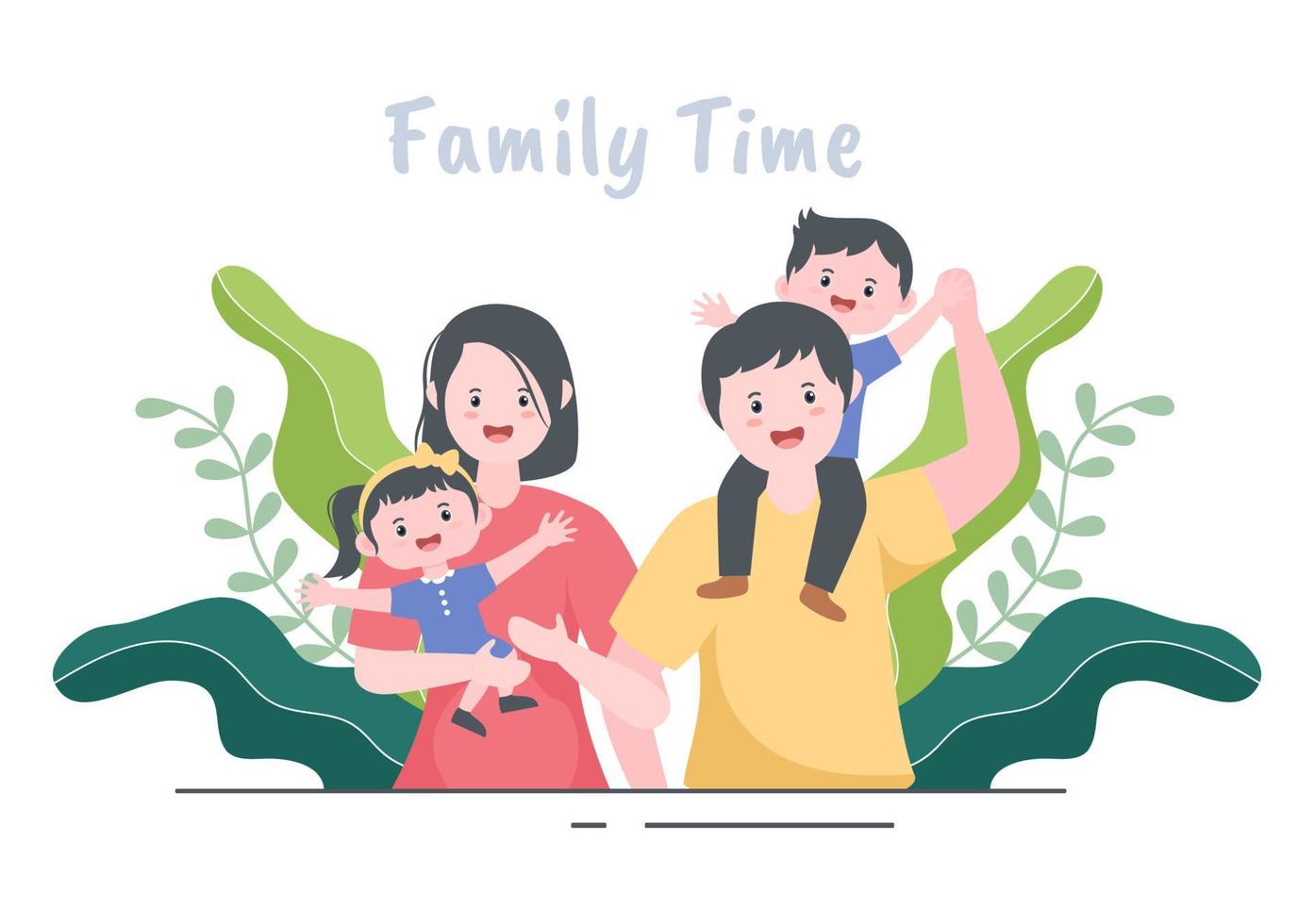 tempo para a família de pais alegres e filhos passando um tempo juntos em casa fazendo várias atividades relaxantes na ilustração plana dos desenhos animados para cartaz ou plano de fundo vetor