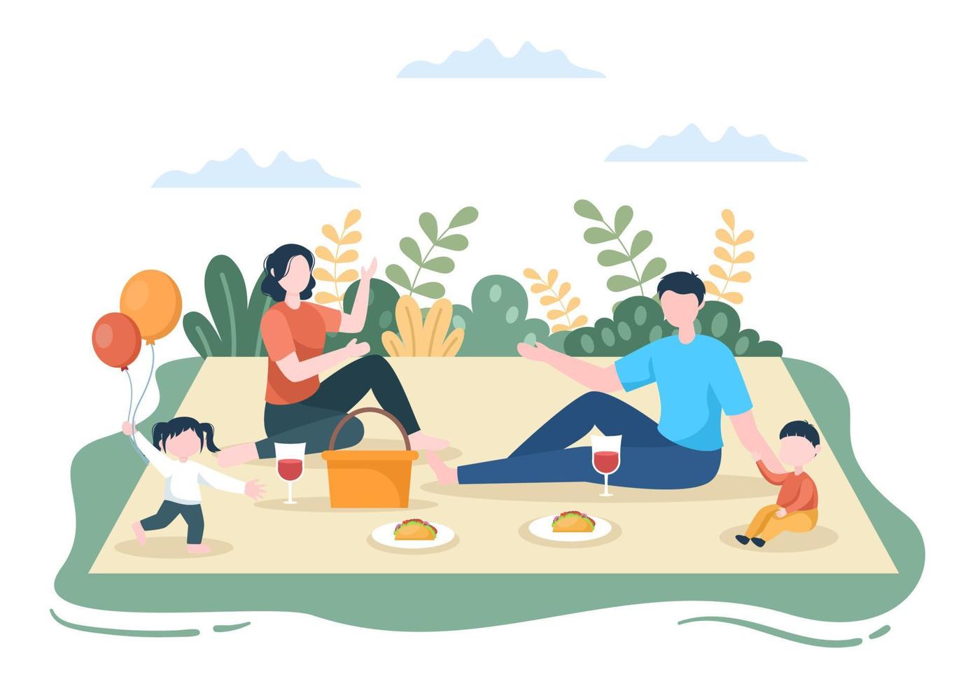 tempo para a família de pais alegres e filhos passando um tempo juntos no parque, fazendo várias atividades relaxantes na ilustração plana dos desenhos animados para cartaz ou plano de fundo vetor