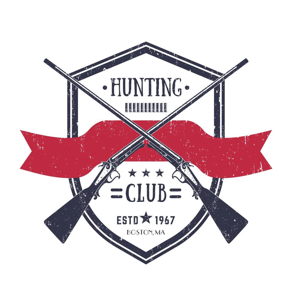 logotipo vintage do clube de caça com dois rifles antigos cruzados, emblema retrô em branco vetor