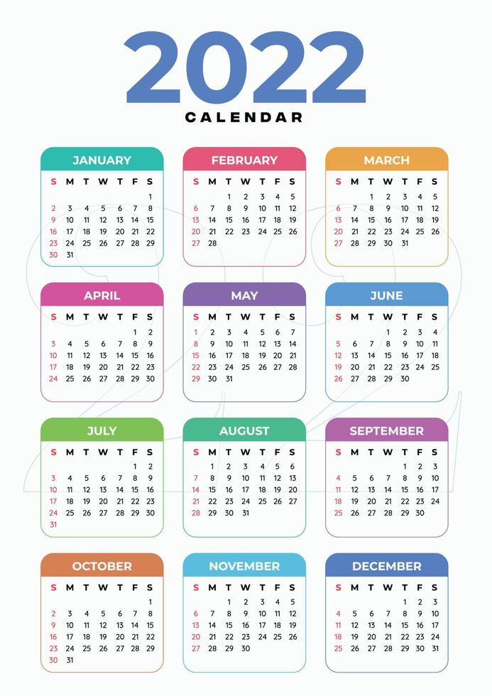 2022 calendar. Modelos de 12 meses. semana começa com domingo. ilustração vetorial vetor