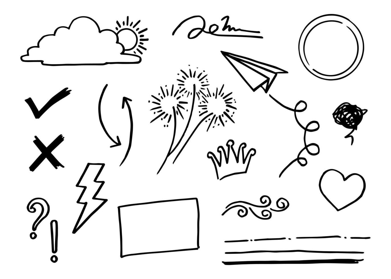 doodle vetor definido ilustração com vetor de estilo de arte de linha de desenho de mão. coroa, rei, sol, flecha, coração, amor, estrela, redemoinho, swoops, ênfase, para design de conceito