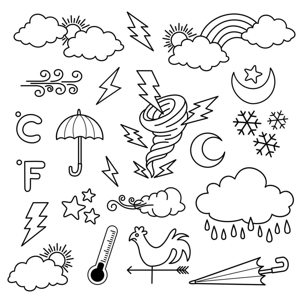 vetor de doodle de tempo definir ilustração com vetor de estilo de arte de linha de desenho de mão, estrela, sol