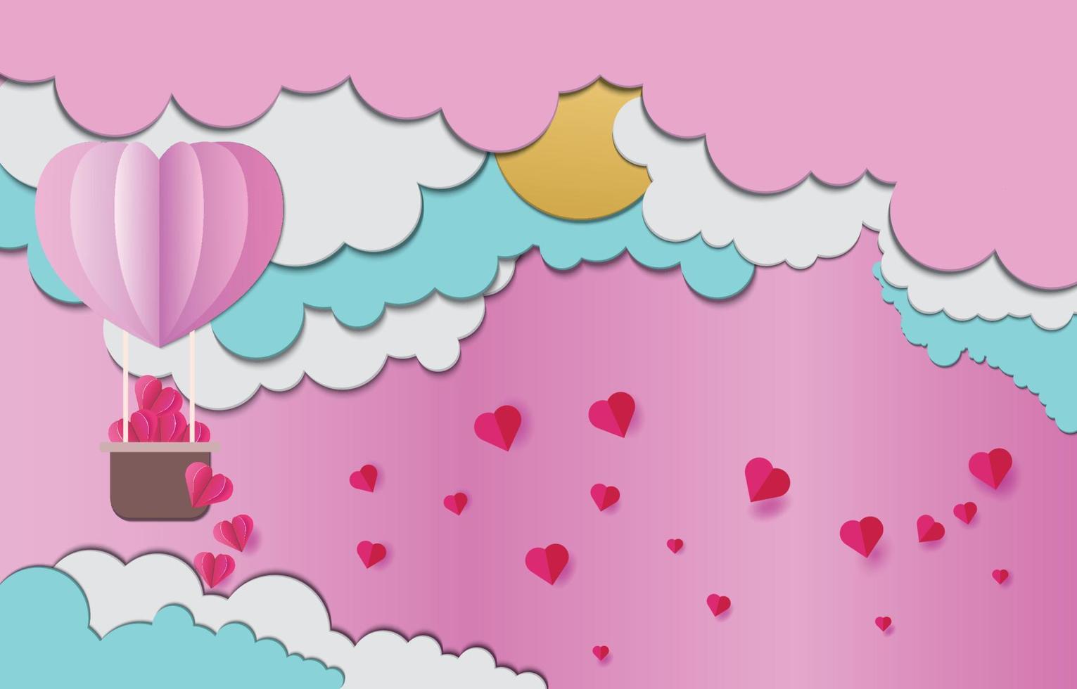 balão de ar quente no céu caindo coração rosa nas nuvens papel arte design vetor