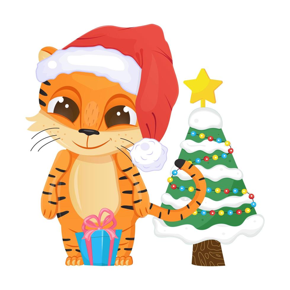 vetor de tigre fofo. símbolo do feliz ano novo chinês 2022. garoto tigre engraçado com olhos grandes e chapéu de Papai Noel.