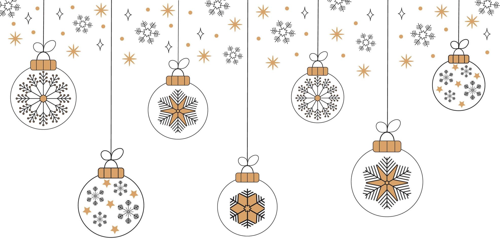 bolas de Natal em cartões de Natal em contorno, estilo escandinavo. o floco de neve está caindo. presente promocional, cartazes de liquidação de inverno. ilustração mínima conjunto de ano novo. vetor