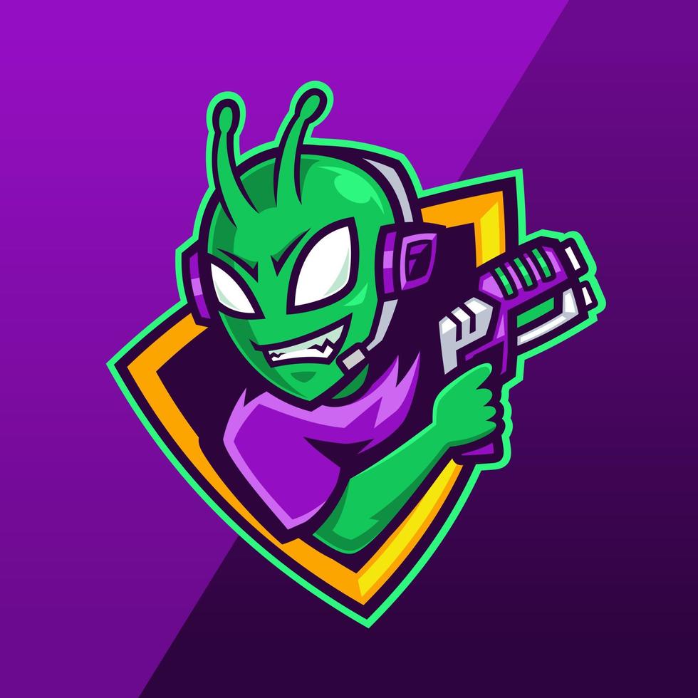 alienígena com design de logotipo do mascote de e-sport com arma laser vetor