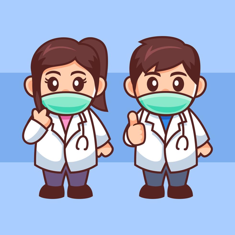 jovem casal médico usa máscara de personagem de desenho animado vetor