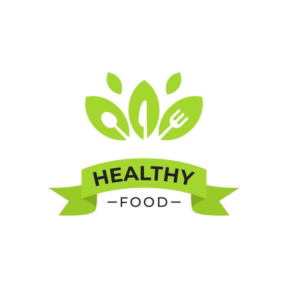 design de logotipo de comida saudável com ilustração de folhas e silhuetas de cutelaria e faca vetor