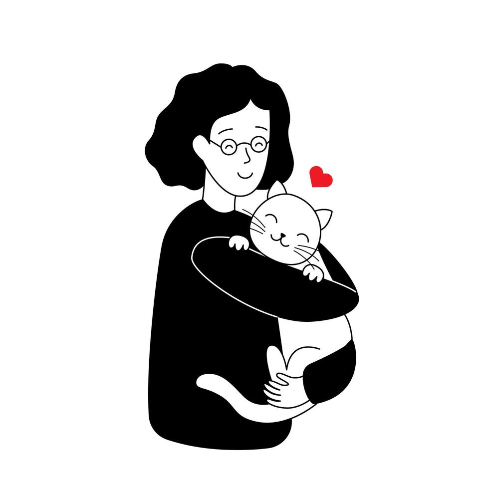 mulher abraça um gato, ilustração vetorial em estilo simples. senhora e seu animal de estimação vetor