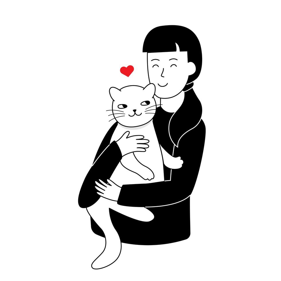 jovem garota moderna abraços gato. ilustrações vetoriais em estilo monocromático moderno e plano vetor