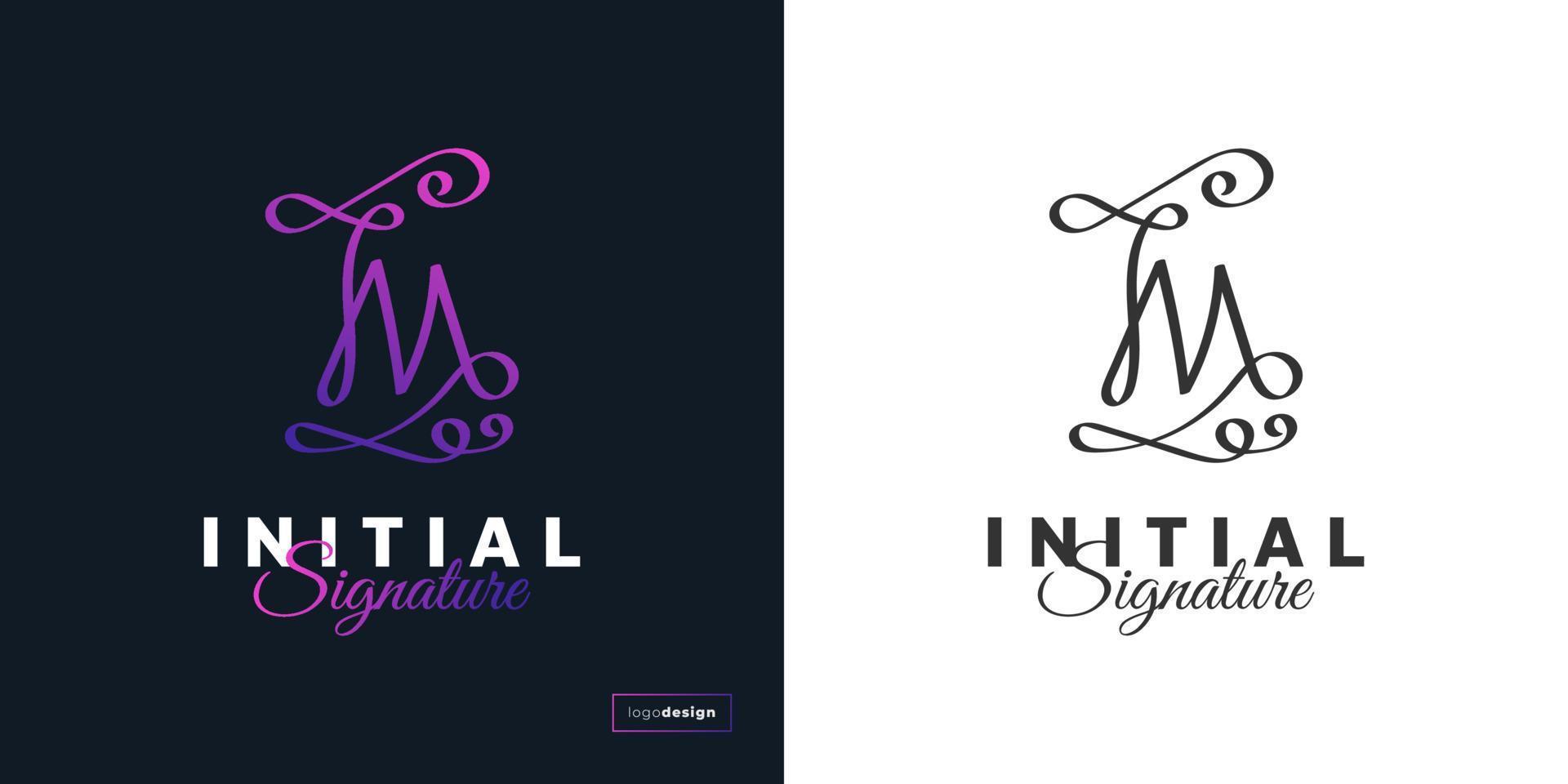 design de logotipo abstrato e elegante letra m com estilo de caligrafia em gradiente roxo. logotipo ou símbolo de assinatura m para identidade empresarial vetor