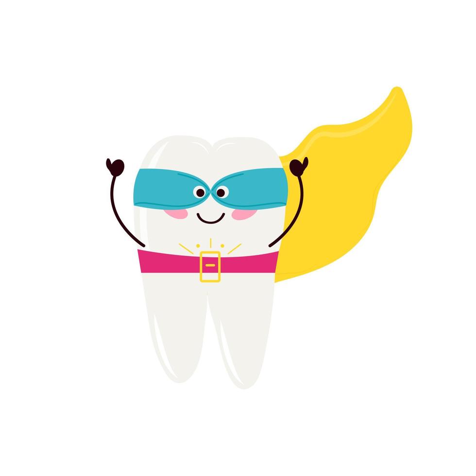 super-herói dente de leite. personagem fofa no estilo kawaii. garoto corajoso. a imagem isolada em um fundo branco. ilustração vetorial, doodle vetor