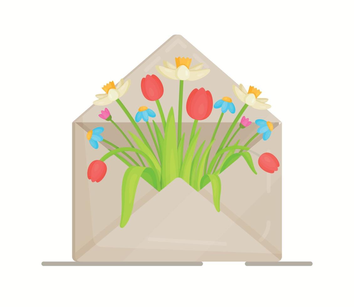 flores da primavera em um envelope. ilustração em vetor de um cartão de felicitações. parabéns pelo dia da mulher. tulipas, narcisos e margaridas.