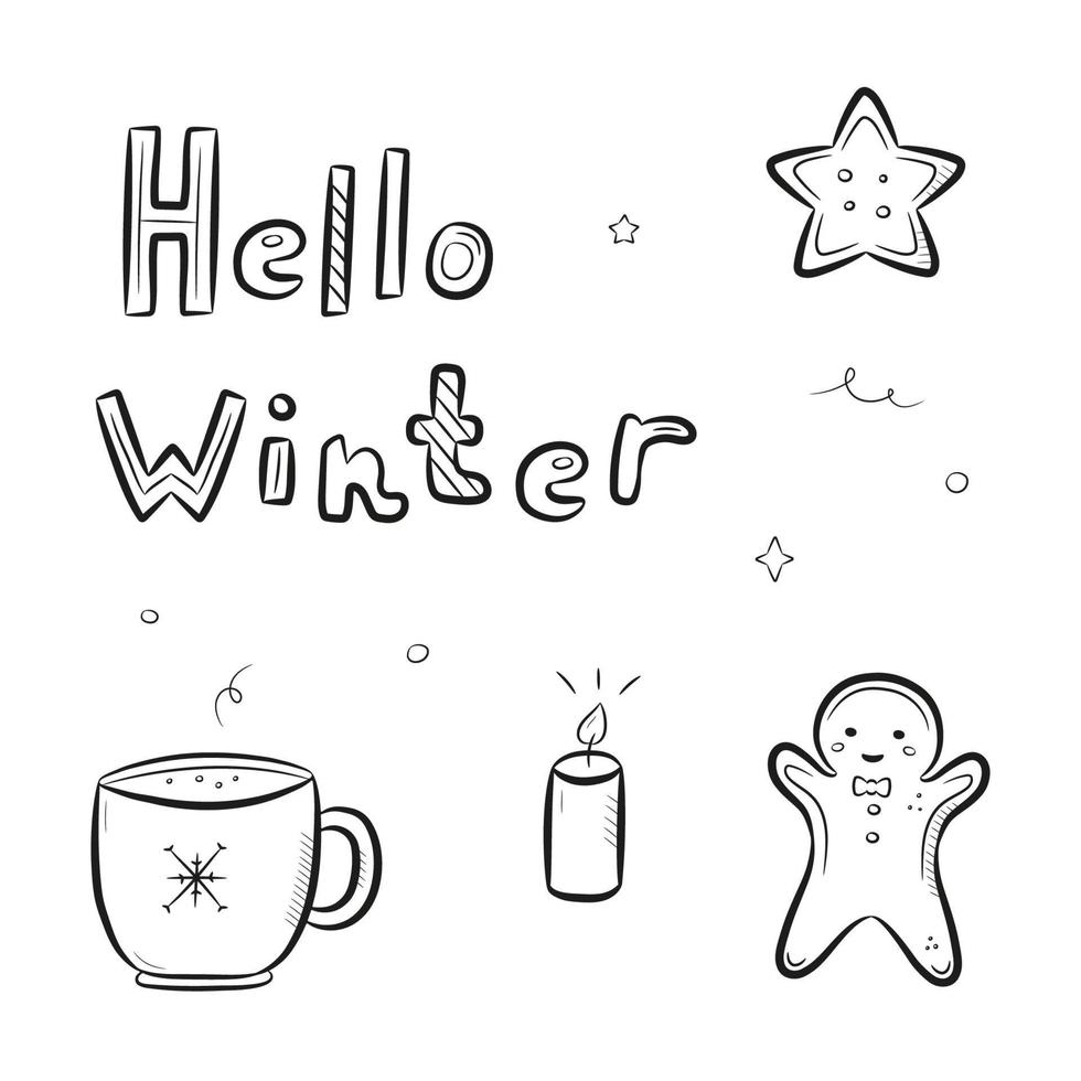 bonito mão desenhada homem-biscoito de Natal, biscoito, caneca, vela e texto. elementos de inverno de ano novo e letras. ilustração vetorial isolada no fundo branco vetor