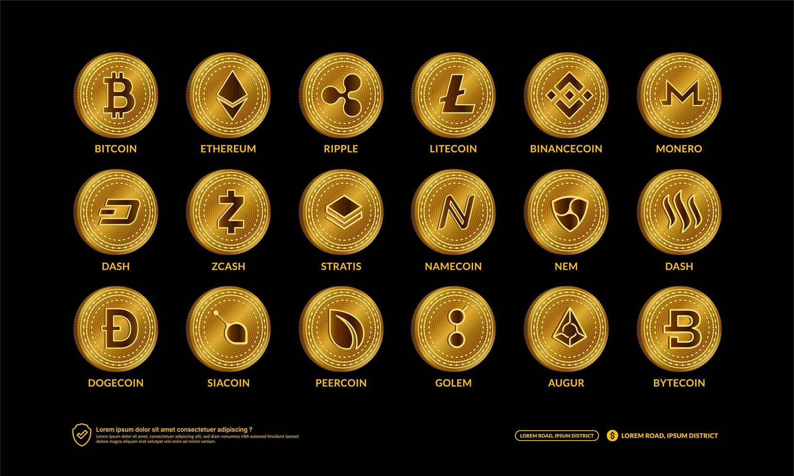 conjunto de moedas de criptomoeda, tecnologia de blockchain, símbolos de token de moeda e nft, bitcoin de logotipo isolado, ethereum, litecoin, dogecoin, bnbcoin, traço, monero, cardano, stella, ondulação, bytecoin, zcash vetor