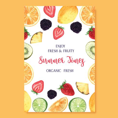 Temporada de verão frutas tropicais cartaz, maracujá, abacaxi, frutado fresco e saboroso, aquarela aquarelle, ilustração vetorial de aguarela vetor