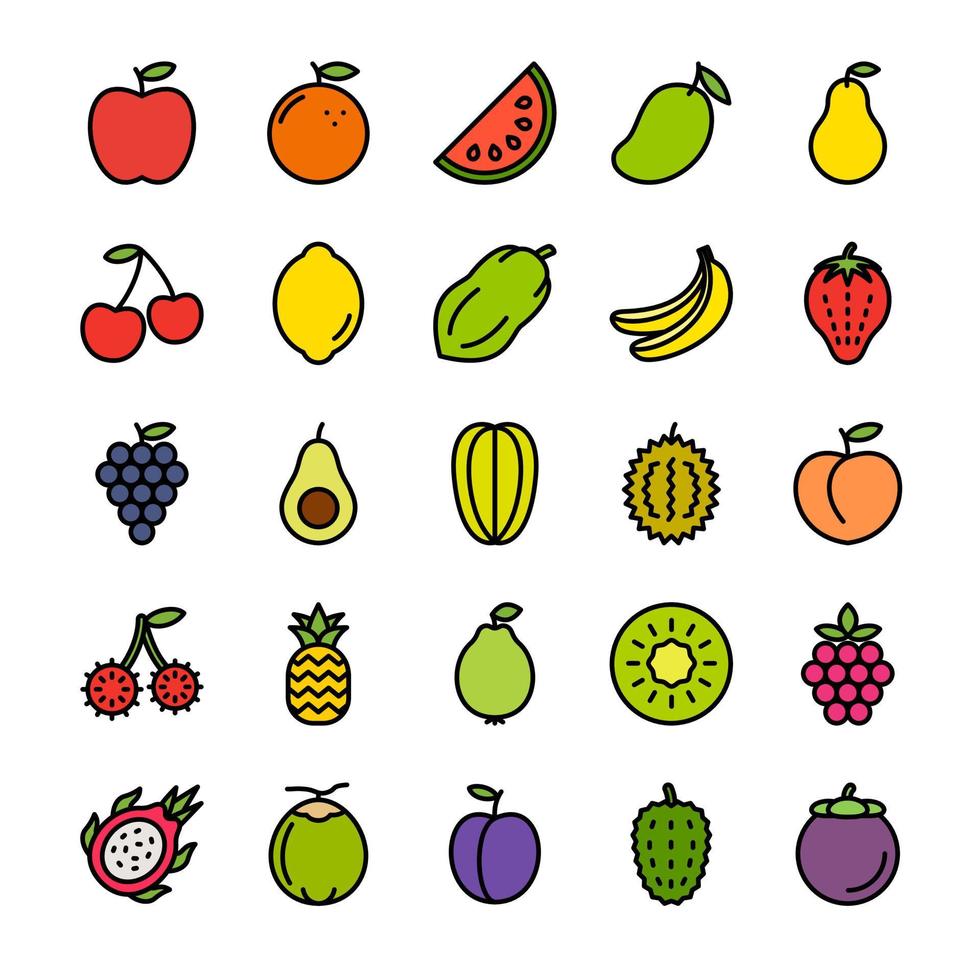 conjunto de ícones de contorno cheio de frutas vetor