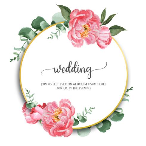 A peônia cor-de-rosa envolve flores da aquarela com texto, aquarelle floral isolado no fundo branco. Design de decoração para casamento de cartão, cartaz de convite, banner. vetor