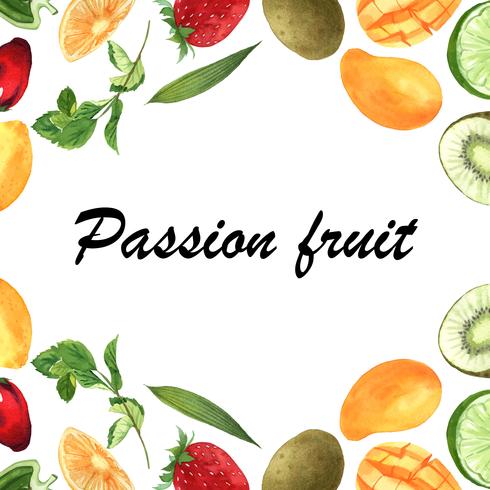 Banner de moldura de frutas tropicais com texto, maracujá com kiwi, abacaxi, padrão frutado, fresco e saboroso, aquarelle isolado ilustração vetorial vetor