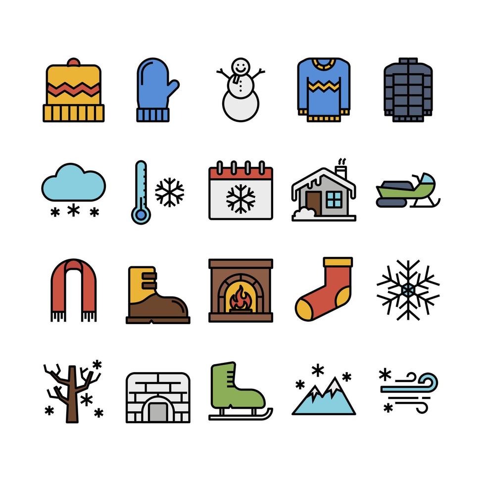 conjunto de ícones de contorno cheio de inverno vetor