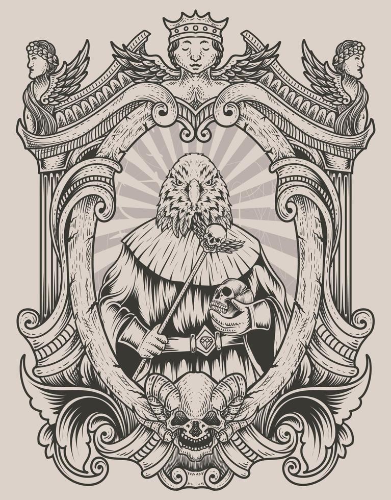 ilustração assustadora águia satanás gravando moldura de ornamento vetor