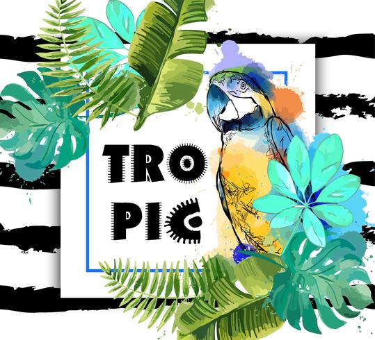 Fundo exótico com papagaio e folhas tropicais. vetor