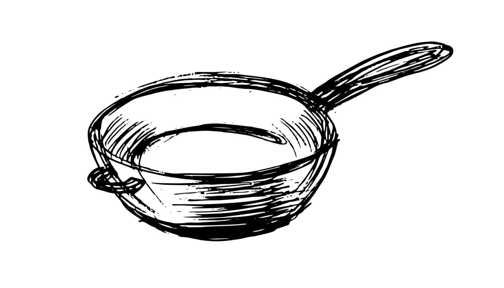 panela wok. mão desenhada skororoda em um fundo branco. utensílios de cozinha - ilustração vetorial vetor