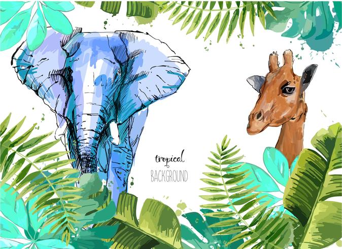 Fundo com folhas tropicais, elefante e girafa. vetor