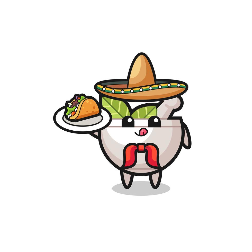 mascote mexicano do chef mexicano com tigela de ervas segurando um taco vetor