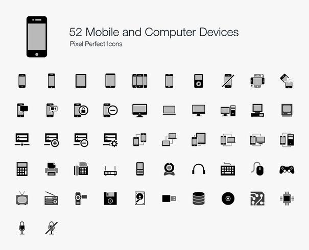 52 ícones perfeitos do pixel dos dispositivos móveis e de computador. vetor