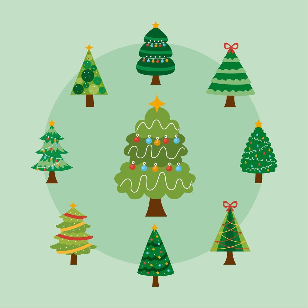 nove ícones de árvores de natal vetor